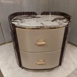 Oval Marble-Top SideTable with Fan-Stitched Leather Panels and Two Drawers